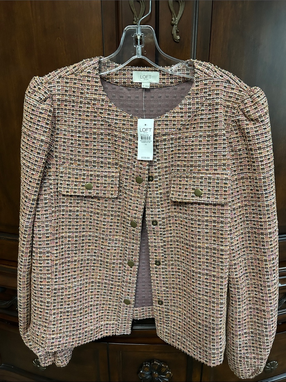 LOFT Pink Multi Tweed Button-Front Blazer